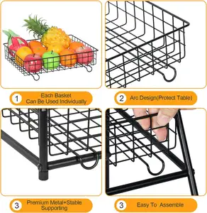 New Arrival Household Items Removable 3 Layer Black Metal Wire Fruit And Vegetable Basket