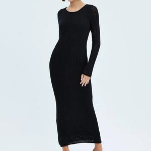 Vestido Maxi de Punto Negro en Oferta, Vestidos de Punto para Mujer, Vestido Maxi de Manga Larga - Product Image 1