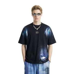 Vêtements pour hommes, t-shirt ample en coton mélangé à manches courtes avec imprimé pailleté coloré, tendance printemps-été, style streetwear - Product Image 1