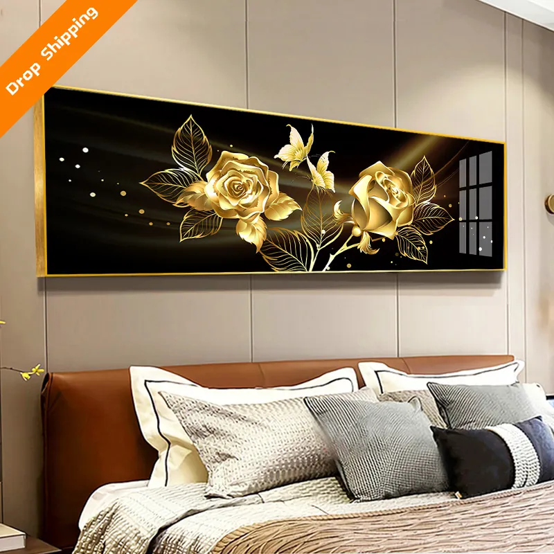 Custom Made Abstract Painting Black Gold Rose Butterfly Crystal Porcelain Living Room Bedroom Decoration Wall Art