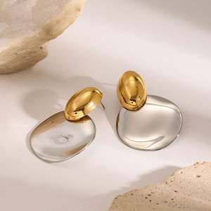 Pendientes de gota redondos de onda ovalada lisa de dos tonos de acero inoxidable de oro de 18K para mujer, pendientes de joyería que no se desvanecen para mujer - Product Image 4