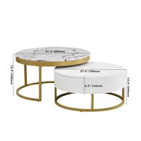 Nouveau Design Table Basse Gigogne Ronde Crème Moderne avec Tiroirs, Table Nid Circulaire Or et Blanc pour Salon