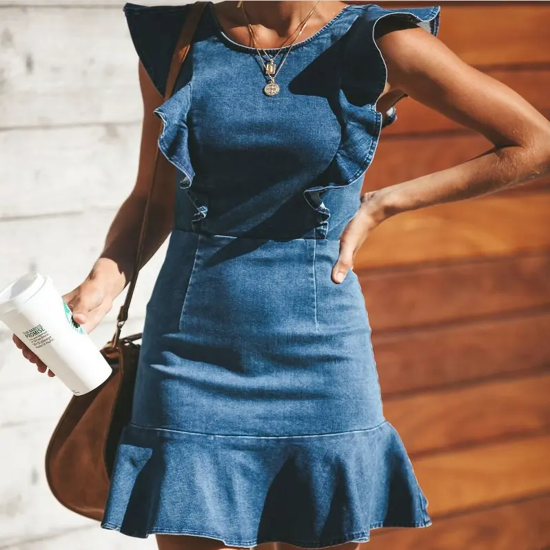 2021 Trending Summer Clothes For Ladies Fashion Sleeveless Ruffled Stretch Mini Dress Denim Casual Women Dresses