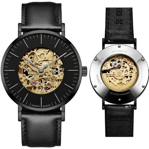 Hannah Martin HM-1811 Luxury Mens Leather Automatic Mechanical Watches Wholesale Skeleton Waterproof Stainless Steel Wristwatch