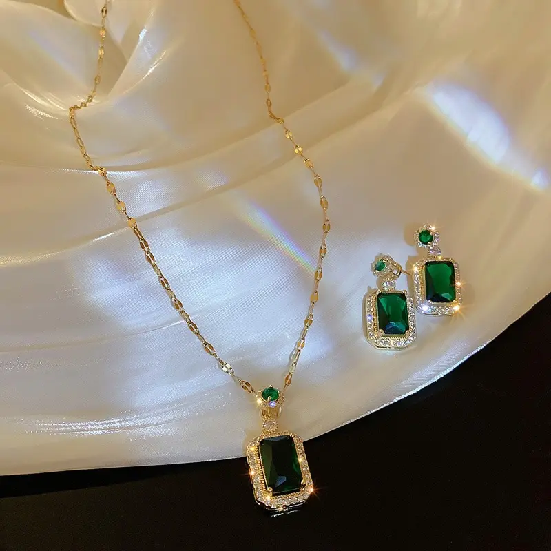 Stainless steel Emerald zircon Necklace Set Jewelry Rhinestone Gold Color Earring and Necklace Set for Women Jewelry