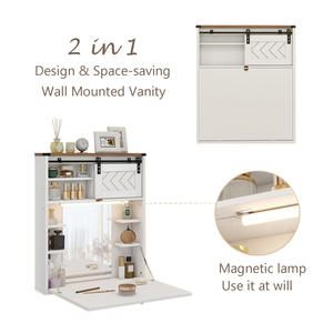 Tocador <span class=keywords><strong>flotante</strong></span> con espejo y luces, pequeño juego <span class=keywords><strong>de</strong></span> <span class=keywords><strong>maquillaje</strong></span> montado en la pared con <span class=keywords><strong>mesa</strong></span> plegable <span class=keywords><strong>de</strong></span> almacenamiento para el hogar, la Oficina y el estudio - Product Image 4