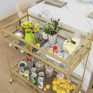 Großhandel Ebenen Hotel Luxus Gold Metall Servier bar Wagen Serving Trolley Service Cart Bar