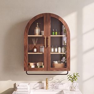 Gabinete de Pared Arqueado de Madera SENYU con Puertas de Vidrio y Barra para Toallas, Almacenamiento para Baño - Product Image 2