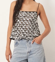 Vintagely Sexy brillant dos nu haut court licou cou sans manches Camisole avec paillettes scintillantes tissu tissé respirant