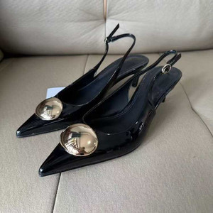 Nouvelle Arrivée Sandales à Talon Chaton pour Femme en Cuir Verni Noir à Bout Pointu, Ornées d'une Boucle Ovale, Modèle Mule Sans Talon - Product Image 2