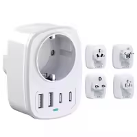 Prise électrique AC/DC standard européenne à 4 sorties, prise de courant avec 2 chargeurs USB Type C rapides pour ordinateur portable, adaptateur de voyage pour UE et Royaume-Uni 5V/3A