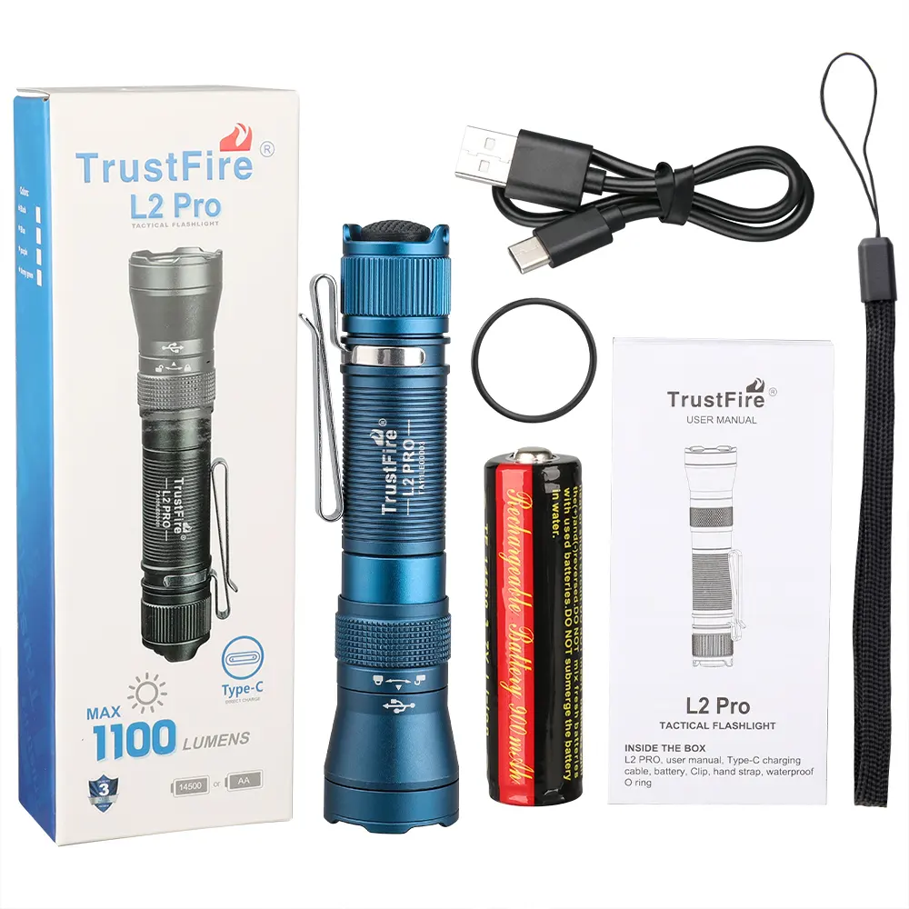 Trustfire L2 Pro Tactische Zaklamp Waterdichte Oplaadbare Usb Aluminium Zak 14500 Led Flitslicht