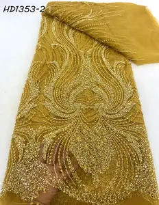 beige Sequins saree border lace ribbon embroidery net fabric handmade beaded african french 3d