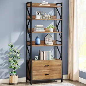 2个抽屉书柜高书架，由E1制成，高品质刨花板和坚固的黑色金属框架工业书架
