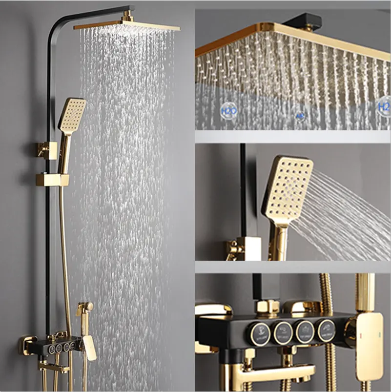 Luxury Gold Black Color Brass Bathroom Shower Set Pressurized Shower Head Waterfall Washroom Shower Set