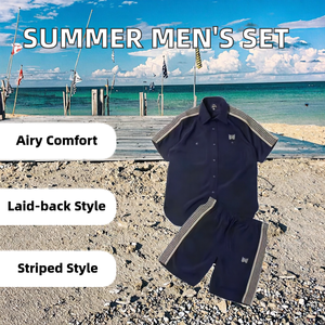 Ensemble deux pièces pour hommes japonais, respirant, tendance, été, chemises décontractées élégantes, shorts, manches courtes, rayures, tricot, vêtements de sport - Product Image 2