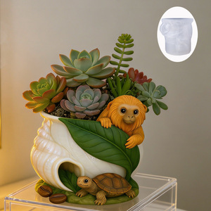 Moule en silicone DUMO pour pot de fleurs, pot de rangement, ou moule à bougie en plâtre sur le thème de la cohabitation tortue et singe - Product Image 1