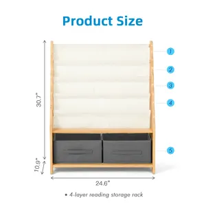 2024 ชั้นวางหนังสือไม้และผ้าใบสําหรับเด็กพร้อมตู้เก็บของตู้หนังสือ Montessori ชั้นวางหนังสือสําหรับเด็ก