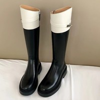Nouvelles bottes pour femmes à talon épais, bout rond, couleur assortie, fermeture éclair, hauteur genou, style jockey