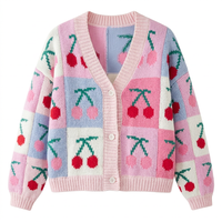 Cardigan court personnalisé pour femme, décontracté, respirant, col en V, en tricot intarsia patchwork, motif champignon, à manches bouffantes