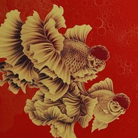 Peinture minimaliste premium en laiton motif poisson rouge avec technique de cuisson colorée, prête à accrocher, style crochet, art mural de bureau, modèle TBH0043