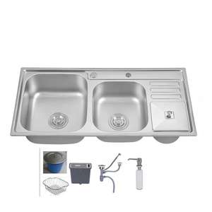 Évier double <span class=keywords><strong>bac</strong></span> durable et facile à nettoyer avec égouttoir, évier multifonctionnel en acier inoxydable avec poubelle et repose-couteaux - Product Image 4