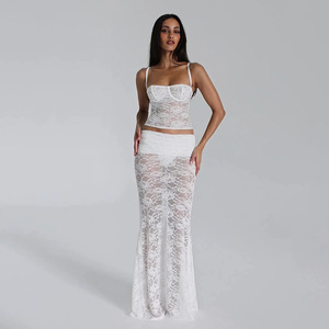 Conjunto de dos piezas de encaje para mujer, camisola sin mangas y falda de color sólido, traje informal de poliéster transpirable a la moda FDC0920 - Product Image 1