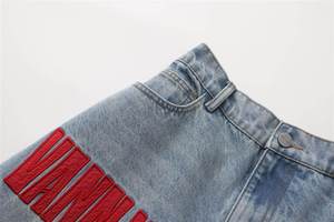 Pantalon en jean ample Huanqiu, style streetwear rétro, indigo délavé, texte rouge brodé, jeans de créateur pour homme - Product Image 4