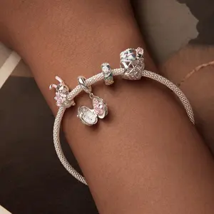 Abalorios de joyería de moda de Plata de Ley 925 para pulsera, fabricación de joyas, esmalte de circón, Estrella bonita, rosa, colgantes de Pascua, abalorios