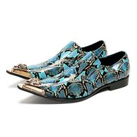 NA528 Chaussures décontractées à bout pointu en métal Motif peau de serpent Talon bloc Cuir véritable Bleu Couleurs mélangées Mocassins Slip on Nouveau