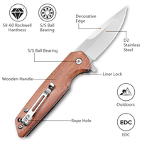 Couteau de camping multifonctionnel de poche pour l'extérieur, en acier inoxydable D2, à pointe tombante, pliant, pour la chasse, EDC, avec manche en bois, 20,5 cm, DIY, OEM