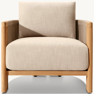 Fauteuil de salon moderne en teck de qualité supérieure, dossier en forme de baril, détails tressés en corde, résistant aux intempéries, ensemble d'extérieur pour cour - Product Image 1