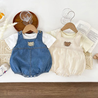 Ensemble 2 pièces d'été pour bébé : Barboteuse salopette à manches courtes en coton respirant, motif ours mignon, pour le quotidien des tout-petits