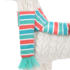 Ivory Cable Knit 20in <b>Reindeer</b> Statue with Aqua Stripe Muffler Nordic Winter Decoration for Holiday Fireplace Styling and Retail - Product Image 2