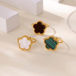 Bague en acier inoxydable plaqué or 18 carats, motif trèfle à cinq feuilles, non décolorante, ajustable, ouverte, pour femme - Product Image 1