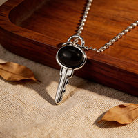 Collier pendentif clé en agate noire haut de gamme, chaîne en acier inoxydable anti-décoloration, accessoires de mode classiques pour hommes, lot de 3 pièces MGXL625