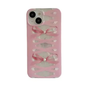 Custodia per telefono Bowknot rosa per ragazze adorabili per iPhone 11/12/13/14 decorazione di perle IMD PC + TPU Cover per iPhone 12/13/14 Pro Max