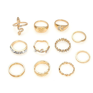 Anillo de Aleación Retro con Forma de Disco, Hueco, Geométrico, con Diamantes, Estrella, Luna, Hoja, Forma de V, Serpiente, Juego de 11 Piezas, Unisex para Mujer - Product Image 2