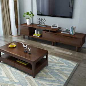 Ensemble de salon extensible en bois massif nordique, meuble TV et table basse, couleur bois naturel blanc - Product Image 3