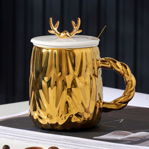 Household Luxury Electroplated Elk Lid Water <b>Cup</b> Coffee <b>Cup</b> <b>Set</b> Ceramic <b>Cup</b> Mugs Customizable Custom Ceramic Mug With Scoop - Product Image 3