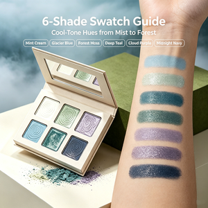 พาเลทอายแชโดว์ 6 เฉดสีโทนเย็น บรรจุในกล่องกระดาษแข็ง เนื้อแมตต์และชิมเมอร์ เกลี่ยง่าย รับผลิตแบบ OEM และติดฉลากส่วนตัว - Product Image 6