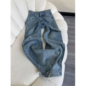 Jean en strass pour femme, style industriel, nouvelle collection été, coupe ample, jambe droite, pantalon large, tendance - Product Image 1