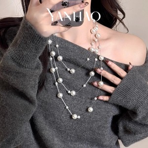 Collana lunga a strati di perle bianche a più strati stile coreano catena di felpe a catena maglione da donna - Product Image 2