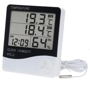 ウェザーステーションデジタルLCD温度湿度計屋内/屋外時計湿度計センサー付きHTC-2