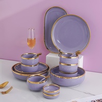 Vente en gros de bols en céramique nordiques de couleur violette avec bordure dorée, assiettes en porcelaine, vaisselle de luxe, ensemble de vaisselle en céramique