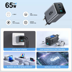 Sạc điện thoại di động đa cổng, siêu nhanh, công nghệ GaN, 2 cổng USB-C loại PD, màn hình kỹ thuật số, đèn LED <span class=keywords><strong>LCD</strong></span> thông minh KYT 65W AVS - Product Image 4