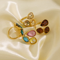Anillo de Acero Inoxidable con Diamantes Azules, Verdes y Rojos, Recubrimiento de Oro de 14K, Estilo Abierto, Forma de Gota de Agua