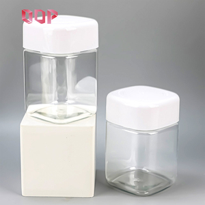 Food Grade Wide Mouth Square Shape PET <b>Plastic</b> <b>Container</b> Jar with White Lid 300ml - Product Image 1