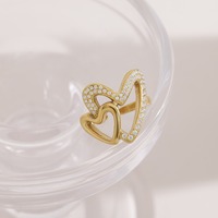 Bague ouverte tendance en acier inoxydable avec double cœur en diamant pour femme