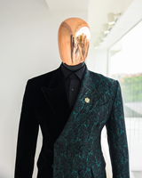 Costume de bal et de mariage pour homme, coupe ajustée, jacquard floral, brocart, bleu foncé, 3 pièces, blazer et smoking, design de luxe personnalisé, taille S